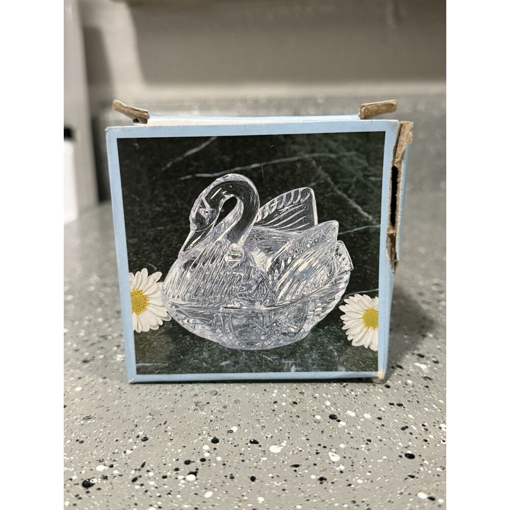 Vintage Swan Trinket Box Crystal Glass Jewelry Dish Decorative